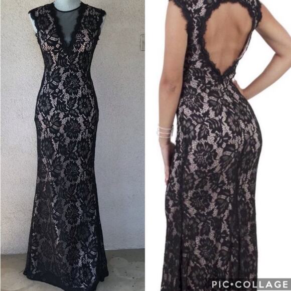 Betsy & Adam Maxi Mermaid Lace Dress Formal Cut Out Back Lined Size 6 Black Nude - Picture 16 of 16